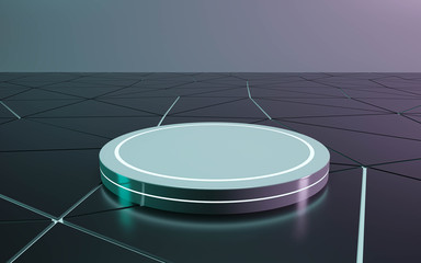 abstract modern futuristic round dark metal podium with blue and magenta neon lighting. minimalistic pedestal in dark room. 3D render illustration