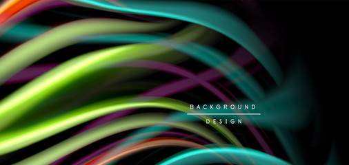 Abstract silk smooth lines on black, multicolored liquid fluid rainbow style waves on black