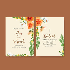 Flower garden wedding card design with daisy, hibiscus, gerbera watercolor illustration.