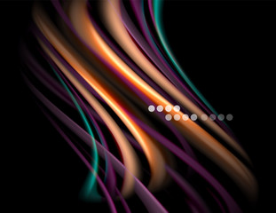 Silk smooth lines on black, liquid fluid color waves. Vector Illustration