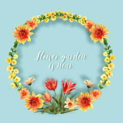 Flower garden wreath design with mullein, gerbera, cordia, zinnia watercolor illustration.