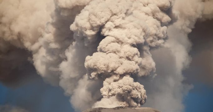 Violent volcanic eruption. Reventador volcano erupting in February 2020. The mountain is situated in a remote part of the Ecuadorian Amazon surrounded by rainforest. 