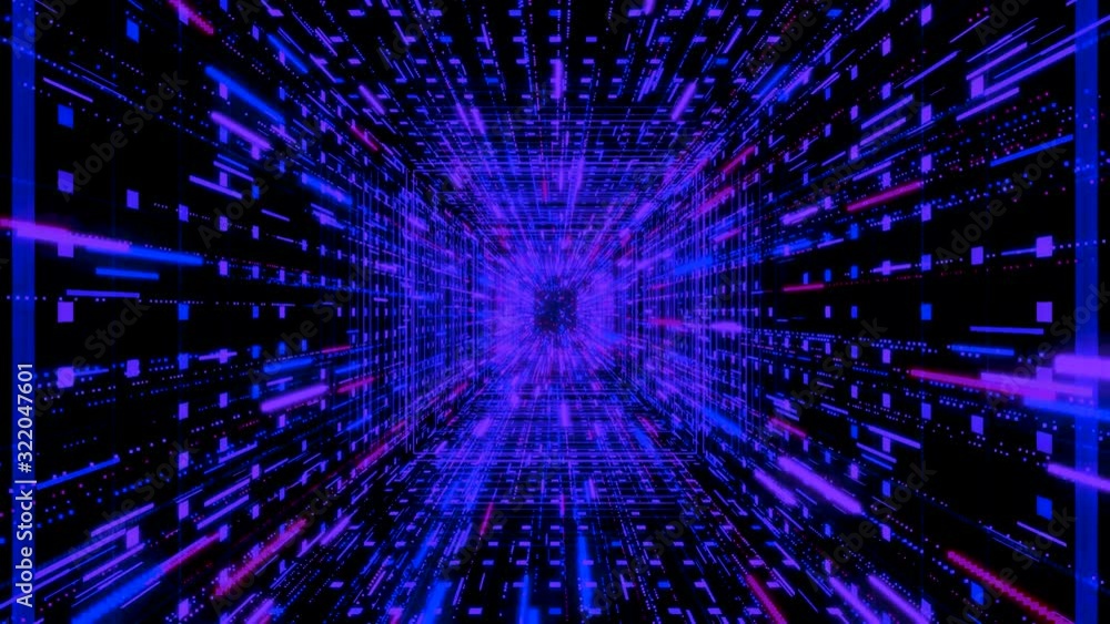 Poster beautiful abstract purple square tunnel with light lines moving fast on black background, seamless l