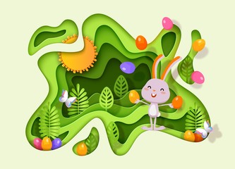 Easter papercut layered design with bunny, eggs, stylized trees Vector
