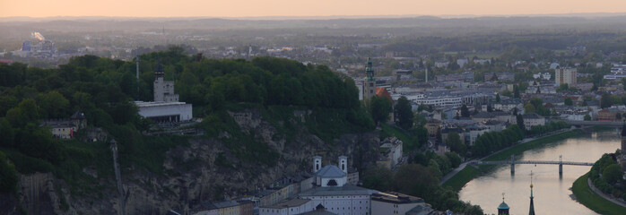 Panoramic view of Salzburg from a height at sunset