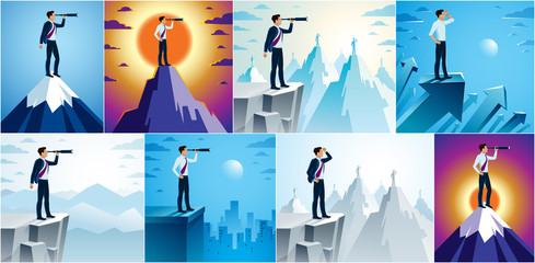 Businessman looking for opportunities in spyglass standing on top peak of mountain business concept vector illustrations set, successful young handsome business man searches new perspectives. - obrazy, fototapety, plakaty