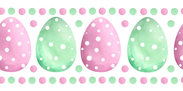 Seamless Horizontal Hand Drawn Watercolor Border Design With Easter Holiday Green And Pink Polka Dot Eggs. Eco Natural Religious Christian Illustration For Celebration Egg Hunt. Soft Pastel Colors