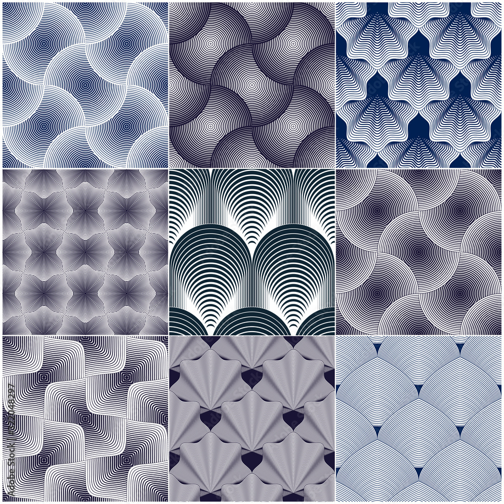 Poster geometric seamless patterns set, abstract tiling backgrounds collection, vector repeat endless wallp