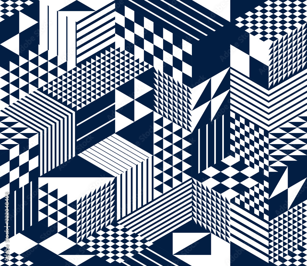 Poster 3d cubes seamless pattern vector background, rhombus and triangles dimensional blocks, architecture 