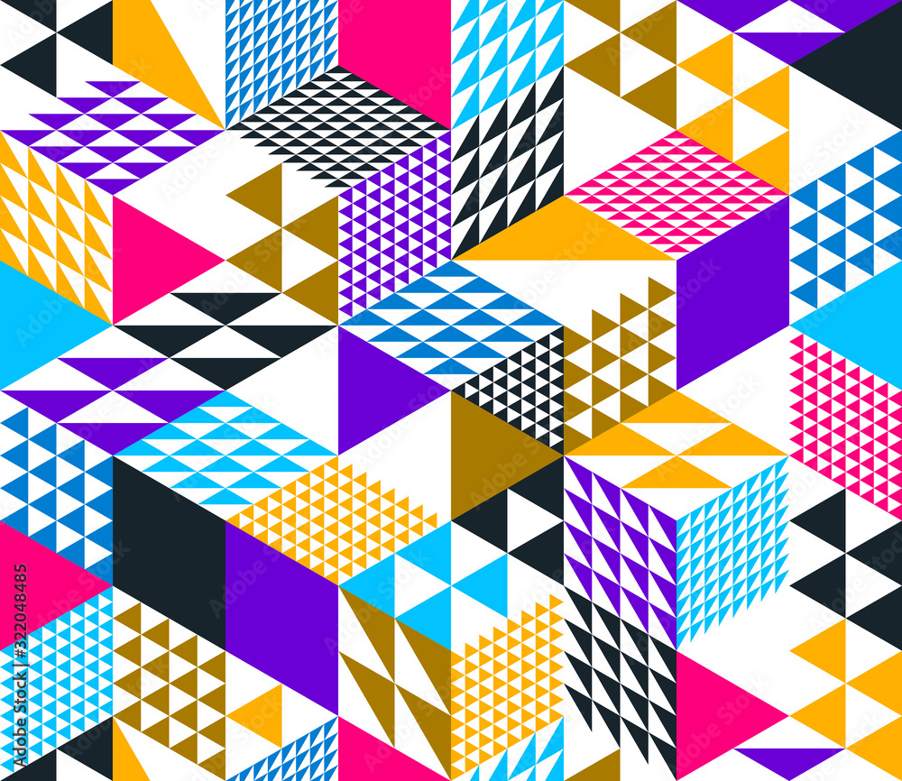 Poster Seamless isometric rhombus and triangles geometric pattern, 3D cubes vector tiling background, architecture and construction, wallpaper design.