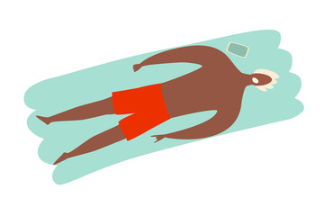 Man rest on inflatable mattress in the pool vector illustration. Guy swimming and relaxes, summer holiday rest. Summer relax and outdoor activities. Flat cartoon style, isolated on white background