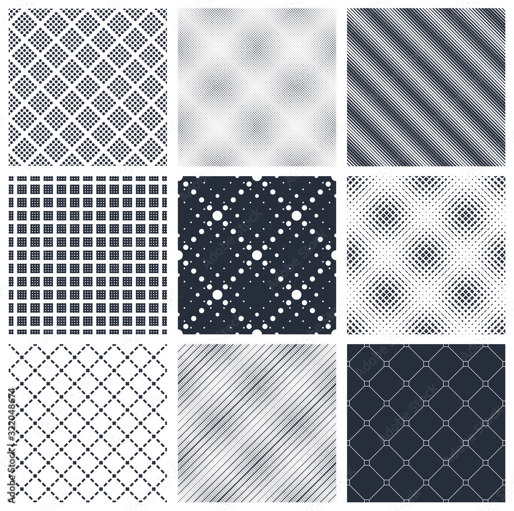 Poster minimal simple geometric seamless patterns set, vector abstract backgrounds with lines and dots, wal
