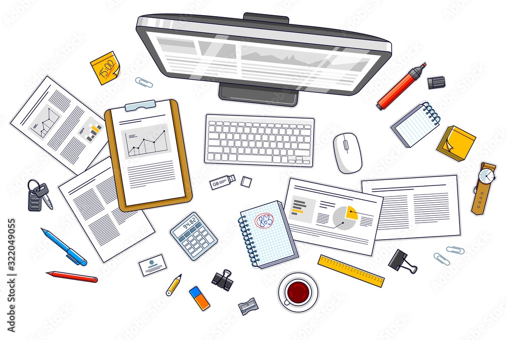 Fototapete Work desk workspace top view with PC computer and analytics papers with graphs and data and stationery objects on table. All elements are easy to use separately or recompose illustration. Vector.