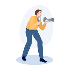 Fototapeta premium Photographer With Camera And Flash vector illustration from hobbies collection. Flat cartoon illustration isolated on white