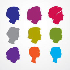 Woman face profiles of different age categories, growing to adult from child to teenager and woman, maturation and getting old, periods and cycle of life. Vector simple icon or logo design.