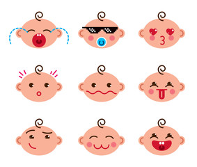 Cute baby cartoon vector flat icons set of emoji smiley collection, adorable, happy, smiling, laughing, showing tongue, cool pixel glasses, showing tongue, crying, sad and angry.