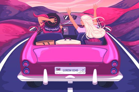 Happy young women travel by car. Girls laughing and enjoying with raised hands in car during a road trip. Vacation, holidays, travel, road trip concept. Vector illustration