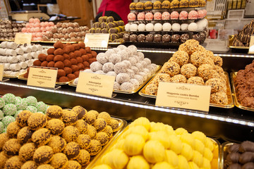 Different sweet candies in market in Hungary at Christmas time
