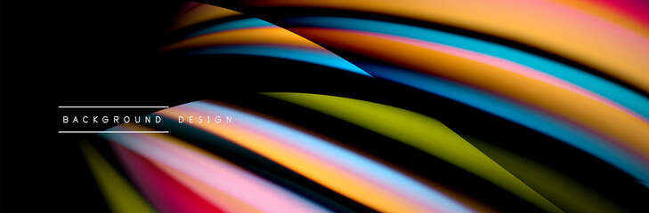 Сolorful flow poster. Wave liquid lines and shapes in black color background. Vector Illustration