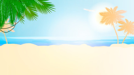 Fototapeta na wymiar Sunny beach in a flat style. Palm trees, sand, sea, sky and sun.Illustration with place for text.