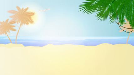 Fototapeta na wymiar Sunny beach in a flat style. Palm trees, sand, sea, sky and sun.Illustration with place for text. Vector.