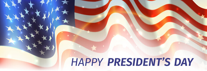 Happy Presidents Day with flag and stars on sky background. Vector illustration of a waving flag for presidents day in USA. Holiday design for sale poster, greetings card, web banner
