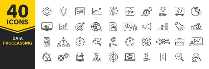 Set of 40 Data Proceassing web icons in line style. Graphic, analytics, statistic, network, diagrams, digital. Vector illustration.