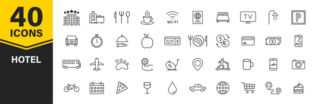 Set of 40 Hotel web icons in line style. Room, business, parking, travel, sleeping, comfortable. Vector illustration.