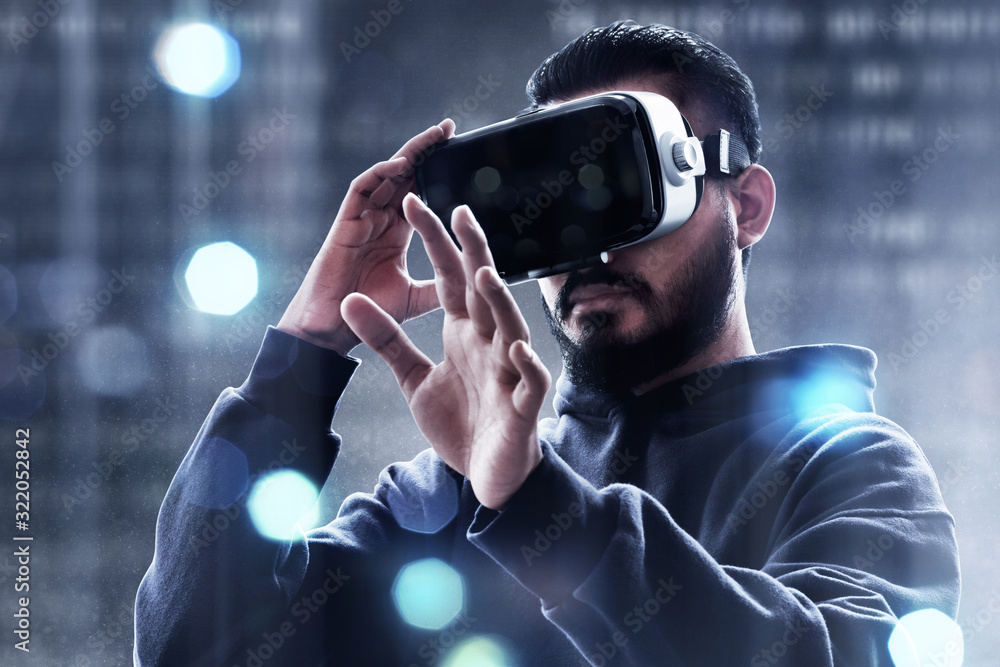 Poster man wearing virtual reality headset