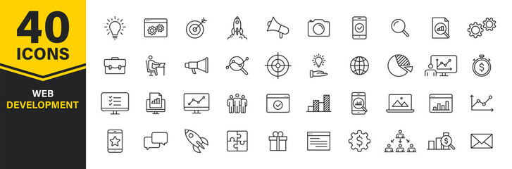Set of 40 Web development web icons in line style. Marketing, analytics, e-commerce, digital, management, seo. Vector illustration.