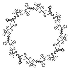 vector illustration of floral frame. Rustic. Hand drawn simple line. Black stroke. Isolated on white background. Elegant and noble. Best for wedding design. Invitation.