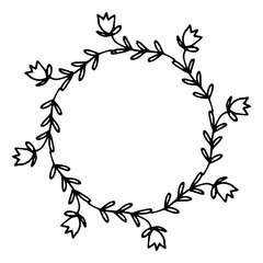 vector illustration of floral frame. Rustic. Hand drawn simple line. Black stroke. Isolated on white background. Elegant and noble. Best for wedding design. Invitation.