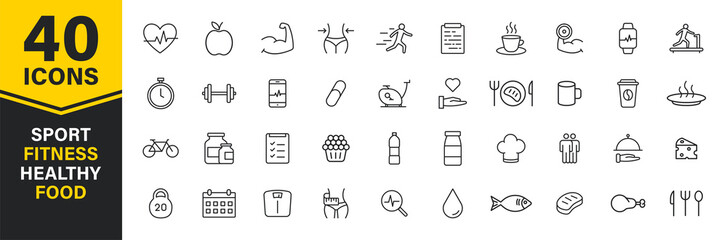 Set of 40 Sport and Fitness, healthy food web icons in line style. Soccer, nutrition, workout, teamwork. Vector illustration. - obrazy, fototapety, plakaty