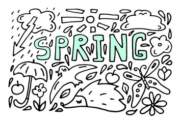 Doodle Spring. Vector sketchy line art cartoon set of objects and symbols on the Spring nature theme.
