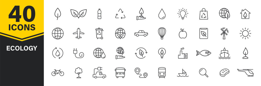 Set of 40 Ecology web icons in line style. Electric Car, Organic, environmental energy. Vector illustration.