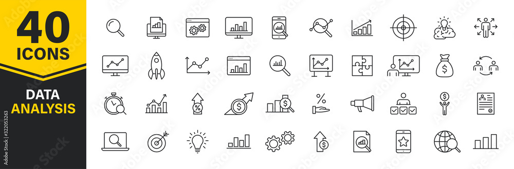 Poster set of 40 data analysis web icons in line style. graphs, analysis, big data, growth, chart, research