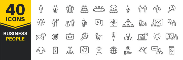 Set of 40 Business people and teamwork web icons in line style. Business, teamwork, leadership, manager. Vector illustration.