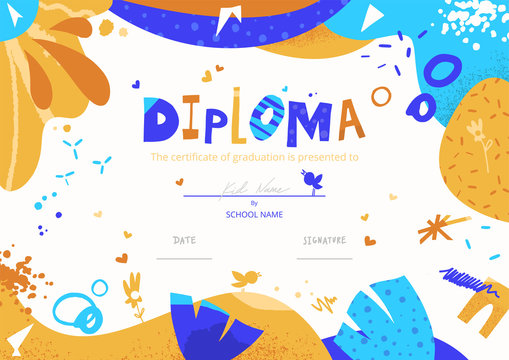 Modern Colorful Diploma Template For Kids. Vector Illustration Template Certificate Background With Hand Drawn Letters Of Preschool School, Preschool Or Playschool. 