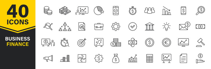 Set of 40 Business and Finance web icons in line style. Money, dollar, infographic, banking. Vector illustration.