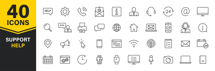 Set of 40 Support and Help web icons in line style. Assistance, email, customer, 24 hrs, service, contact. Vector illustration.