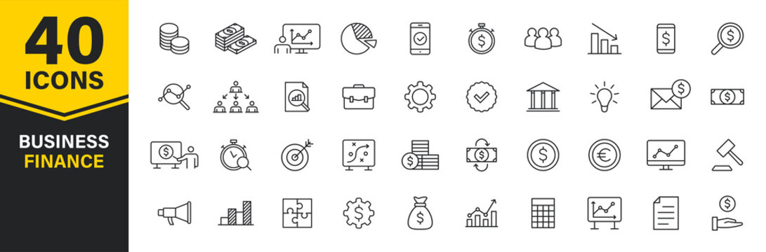 Set of 40 Business and Finance web icons in line style. Money, dollar, infographic, banking. Vector illustration.