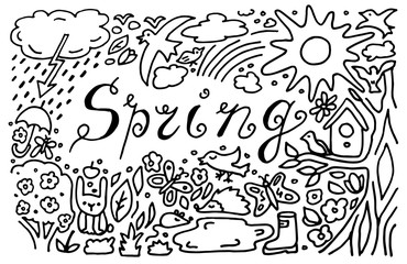 Doodle Spring. Birds, sky, aminals. Vector sketchy line art Doodle cartoon set of objects