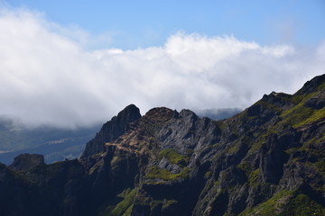 Landscape of green mountains of Madeira Island - view from the trial to Pico Ruivo.