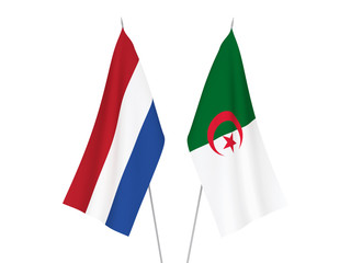National fabric flags of Netherlands and Algeria isolated on white background. 3d rendering illustration.