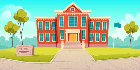 School building educational institution, college empty front yard with green trees, grass lawns, paving stones path, city architecture, place for studying, summer landscape Cartoon vector illustration © klyaksun