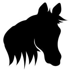 black silhouette of a horse head with mane and fringe