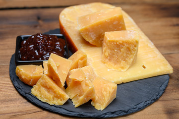 Cheese collection, Dutch old cheese from Terschellinger polder on Wadden islands, Friesland, Netherlands and apple chutney