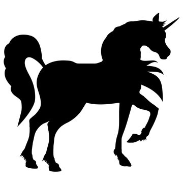 recommend clip art: silhouette black horse unicorn stands with raised legs and fluffy mane and tail