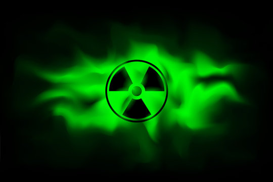 Radiation sign on background of polluted green fog.The spread radioactive contamination nuclear weapons.  Dangerous haze poisoned. Vector illustration
