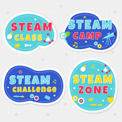 Steam Class, Camp and Zone Colorful Stickers or Banners for Kids Playrooms and School Spaces. Vector Illustration